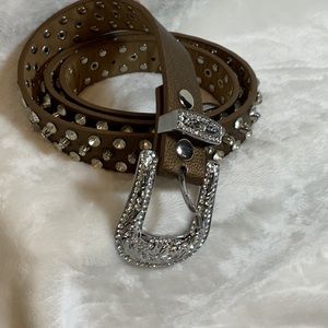 Bronze tone leather belt with rhinestones and silver buckle with rhinestones